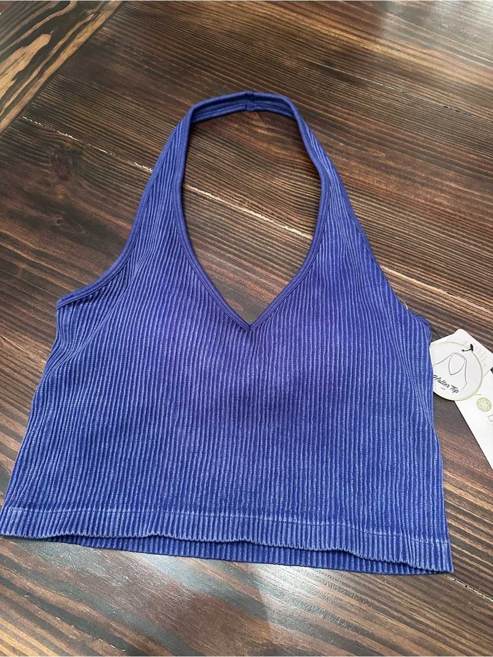 Ribbed Halter V-Neck Crop Camisole - Indigo Blue